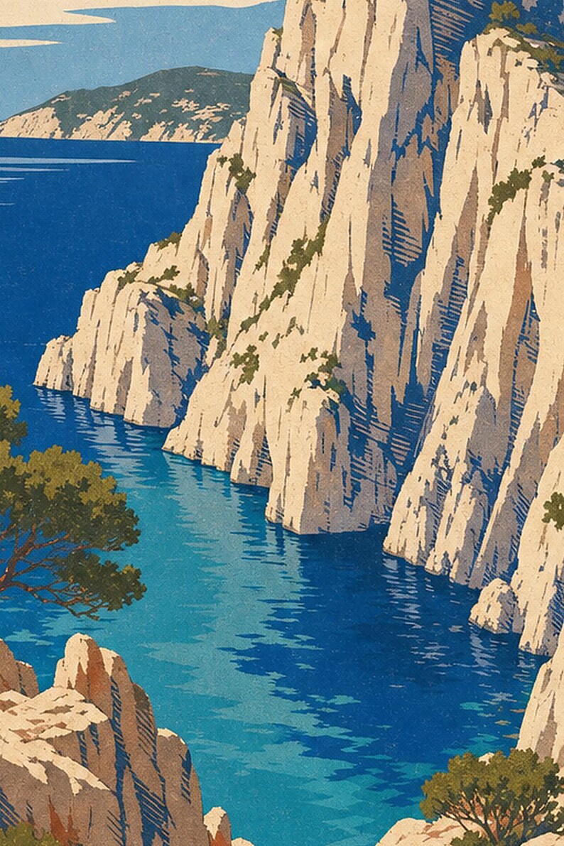 Calanques of Marseille Travel Poster | Vintage WPA Wall Art Print | French Riviera Print | Mediterranean Coast Decor | Provence Sea image 3