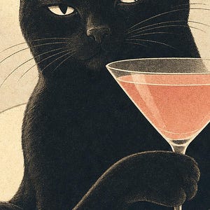 黒猫のカクテルウォールアート |チェリーコスモポスター |バーカートプリント |風変わりなノワールキャットクラブラウンジの装飾 画像 3