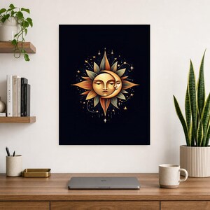 Celestial Sun and Moon Wall Art | Gold Mystical Face Poster | Boho Moon Phase Bedroom Print image 7
