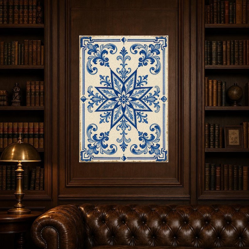 Azulejo Tile Wall Art | Classic Blue & White Maiolica Poster | Portuguese Ceramic Print | Mediterranean Kitchen Decor | No Text Boho Art image 5