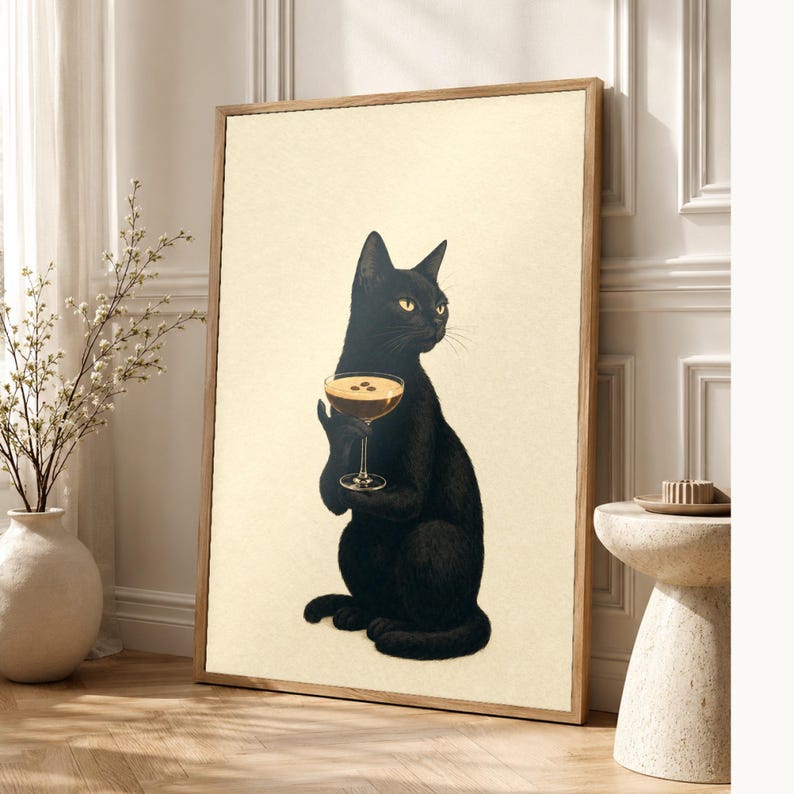Black Cat Martini Wall Art Print | Espresso Martini Poster | Bar Cart Print | Quirky Black Cat Club Kitchen Decor image 1