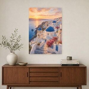 Póster de viaje de Santorini | Pintura suave para pared sobre Grecia | Lámina costera de las cúpulas azules de Oia | Impreso y enviado imagen 2