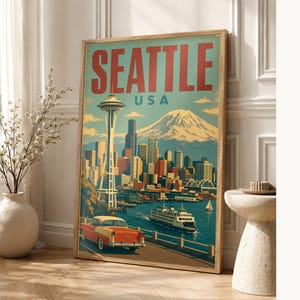 Seattle Travel Poster | Vintage 1950s Space Needle Print | Retro Washington Wall Art | Mid Century City Decor image 1