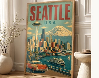Seattle Travel Poster | Vintage 1950s Space Needle Print | Retro Washington Wall Art | Mid Century City Decor