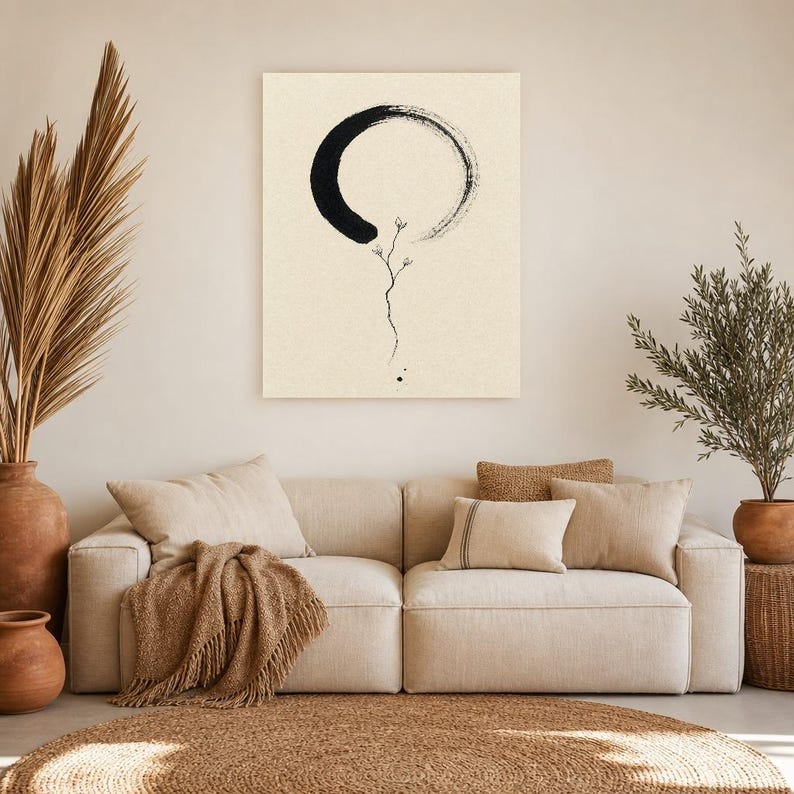 Zen Enso and Branch Japandi Wall Art Print | Mono Line Ink Print | Wabi Sabi Cream Poster Decor image 7