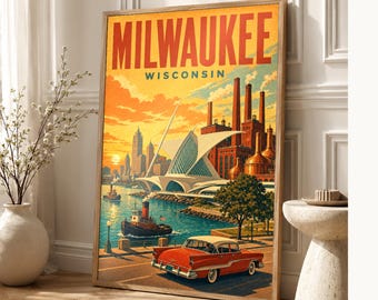 Milwaukee Travel Poster | Vintage Lakefront Brewery Print | Wisconsin Wall Art Print | Mid Century City Decor