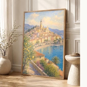 Menton Travel Poster | French Soft Painting Riviera Wall Art | Cote d'Azur Coastal Print | Printed & Shipped image 1