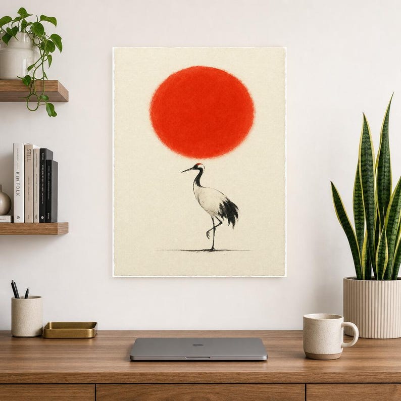 Minimale Rote Sonne Japandi Wandkunst | Einzelkran-Tintendruck | Zen-Wandkunst-Poster Bild 8