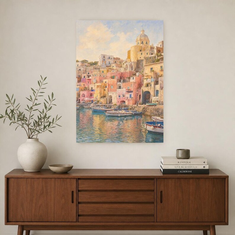 Procida Travel Poster | Soft Painting Italy Wall Art | Colorful Marina Coastal Print | Printed & Shipped image 2
