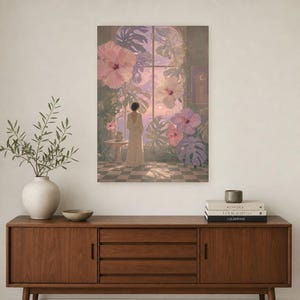 Surreal Botanical Wall Art Print | Dreamscape Flower Window Poster | Soft Surrealism Art | Pink Lavender Sage Wall Decor image 2