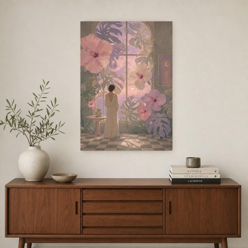 Surreal Botanical Wall Art Print | Dreamscape Flower Window Poster | Soft Surrealism Art | Pink Lavender Sage Wall Decor image 2