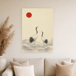 Red Sun Crane Japandi Wall Art Print | Ink Wash Pair in Mist | Wabi Sabi Hallway Poster Print image 4