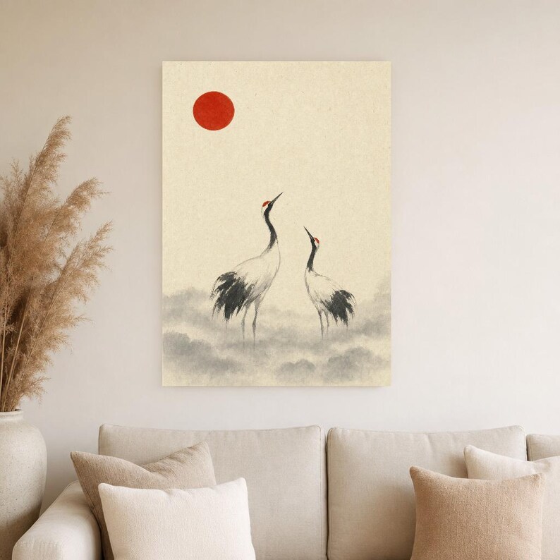 Red Sun Crane Japandi Wall Art Print | Ink Wash Pair in Mist | Wabi Sabi Hallway Poster Print image 4