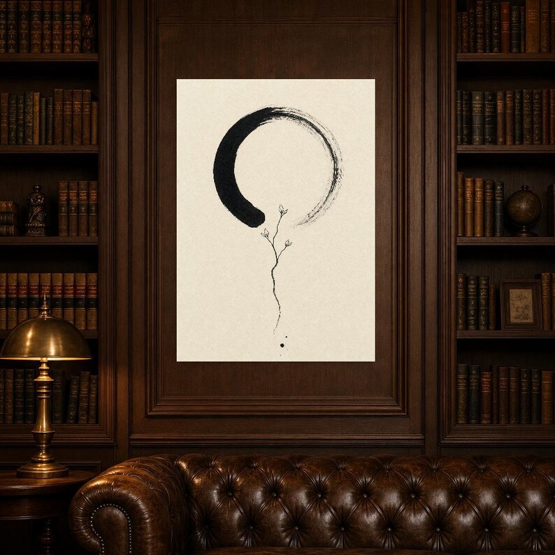 Zen Enso and Branch Japandi Wall Art Print | Mono Line Ink Print | Wabi Sabi Cream Poster Decor image 5