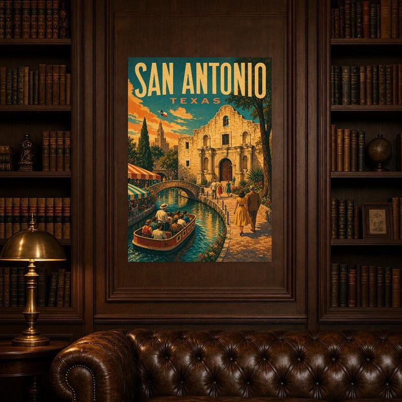 San Antonio Travel Poster | Vintage River Walk Print | Texas Wall Art Print | Mid Century City Decor image 4