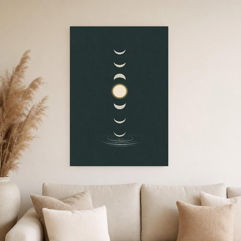 Emerald Moon Phase Wall Art | Zen Water Ripple Poster | Dark Japandi Moody Minimalist Print image 4