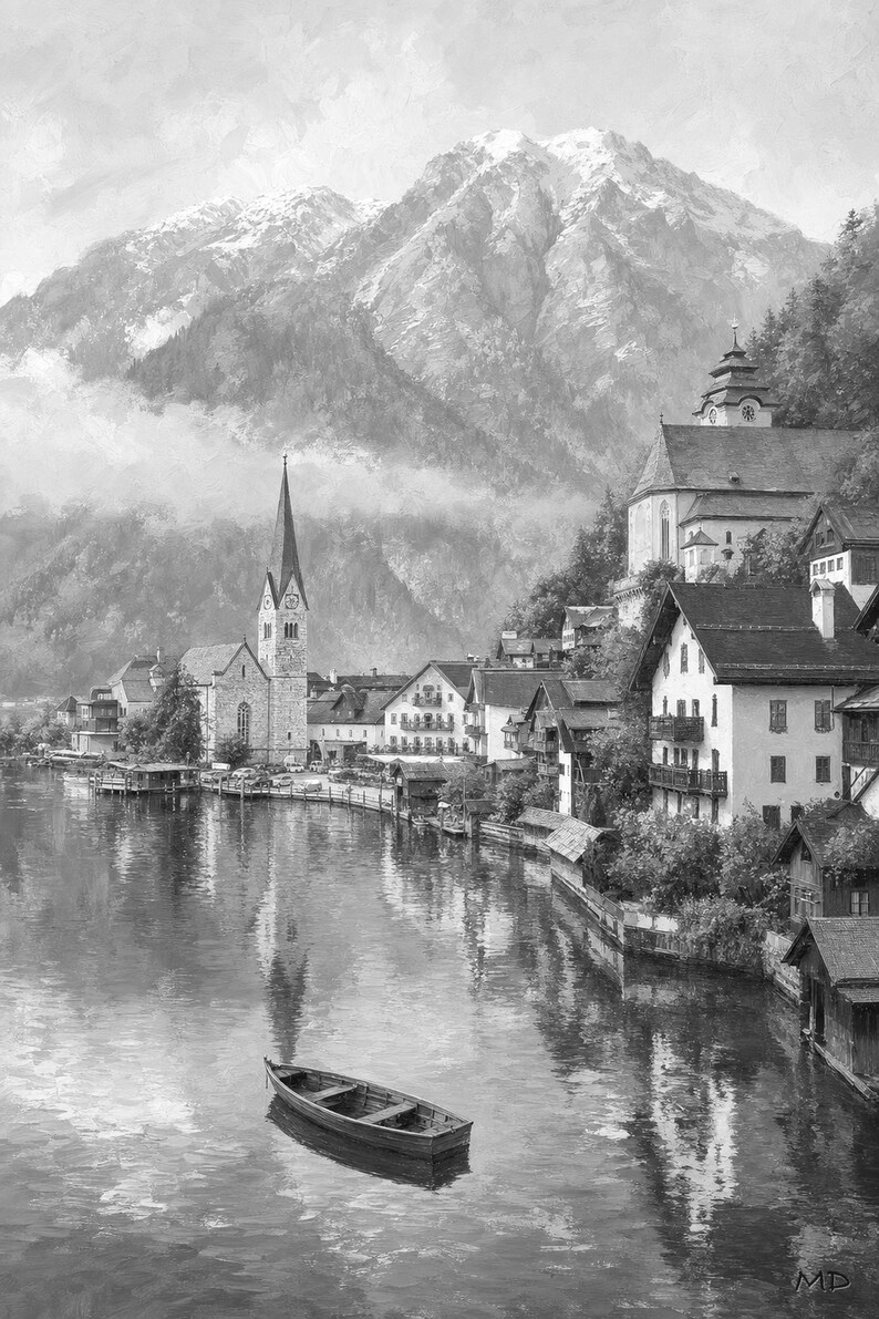 Póster de viaje de Hallstatt | Pintura suave para pared en Austria | Lámina de pueblo alpino junto al lago | Impreso y enviado imagen 10