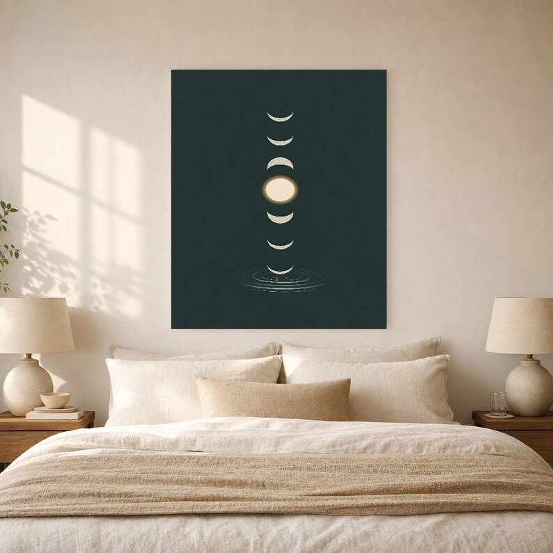 Emerald Moon Phase Wall Art | Zen Water Ripple Poster | Dark Japandi Moody Minimalist Print image 6