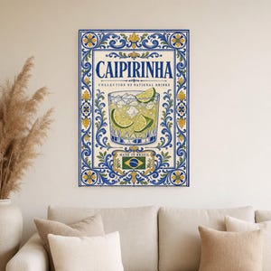 Caipirinha Cocktail Tile Wall Art Print | Brazil National Drink Poster | Azulejo Bar Cart Print | Maiolica Kitchen Decor image 4