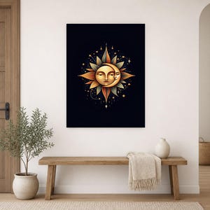 Celestial Sun and Moon Wall Art | Gold Mystical Face Poster | Boho Moon Phase Bedroom Print image 9