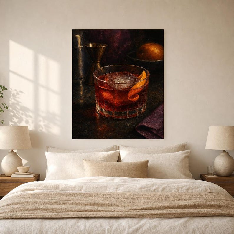 Boulevardier Cocktail Print | Moody Bar Cart Wall Art Print | Whiskey Negroni Still Life image 6