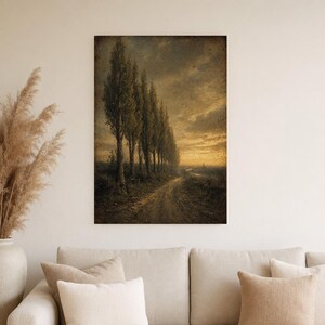 Moody Country Lane Pappelbäume Wandkunstdruck | Vintage Ölgemälde Druck | Golden Horizon Tonalistisches Dekor | Antikes Wegposter Bild 5
