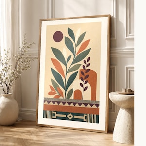 Afrohemian Botanical Wall Art Print | African Boho Plant Poster | Jade Terracotta Earth Tones | Organic Modern Wall Decor image 1