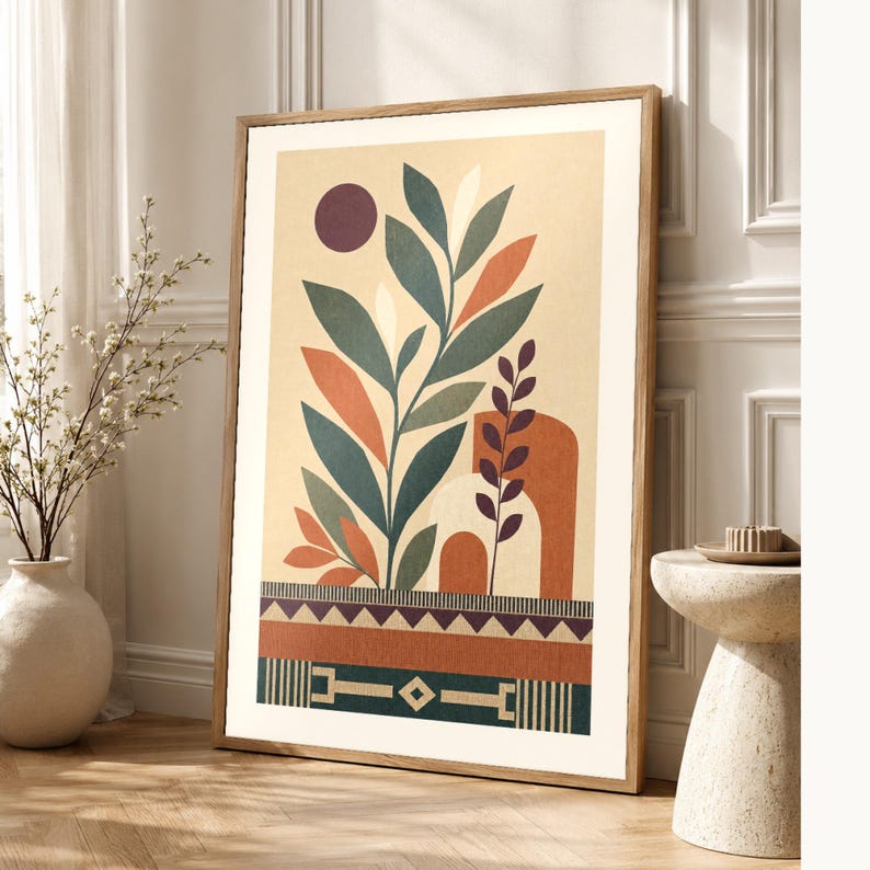 Afrohemian Botanical Wall Art Print | African Boho Plant Poster | Jade Terracotta Earth Tones | Organic Modern Wall Decor image 1