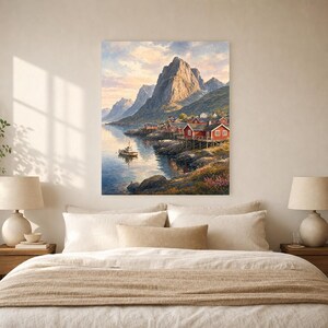 Lofoten Travel Poster | Soft Painting Norway Wall Art | Queen Fjord Fishing Village Print | Printed & Shipped image 6