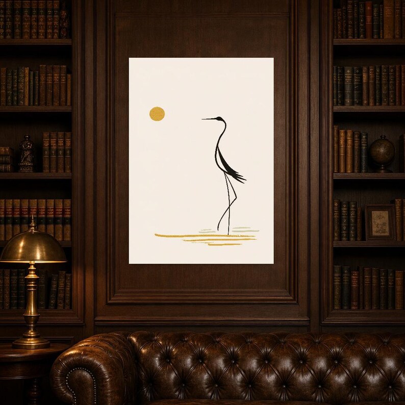 Cream Japandi Crane Wall Art | Zen Line Art Silhouette Poster | Minimalist Nature Gallery Print image 5