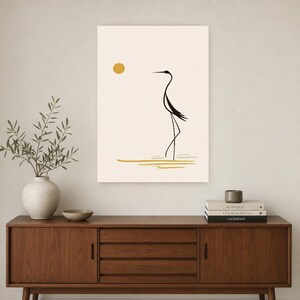 Cream Japandi Crane Wall Art | Zen Line Art Silhouette Poster | Minimalist Nature Gallery Print image 2
