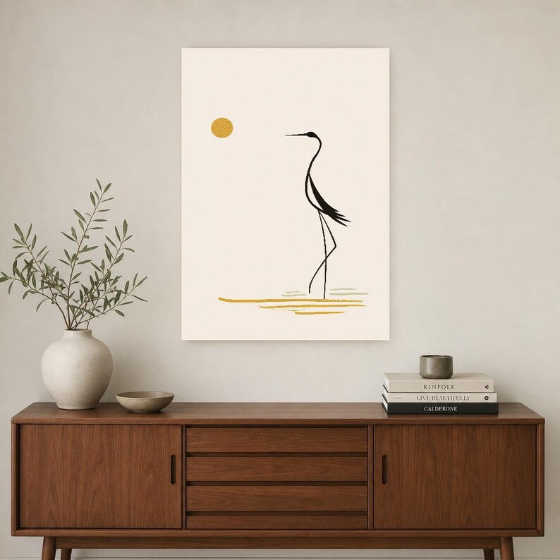 Cream Japandi Crane Wall Art | Zen Line Art Silhouette Poster | Minimalist Nature Gallery Print image 2
