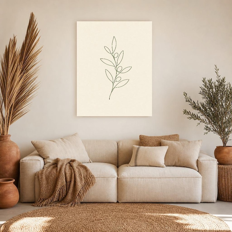 One Line Olive Branch Wall Art Print | Minimalist Line Art Print | Botanical Leaf Poster | Ivory Kitchen Decor | Japandi Sage Line Art image 7