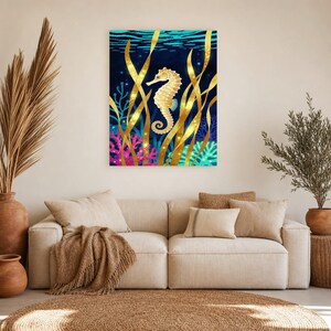 Biolumineszierendes Seepferdchen-Poster | Tiefsee-Ozean-Badezimmer-Wandkunstdruck | Dunkler Küstennachtdruck Bild 8