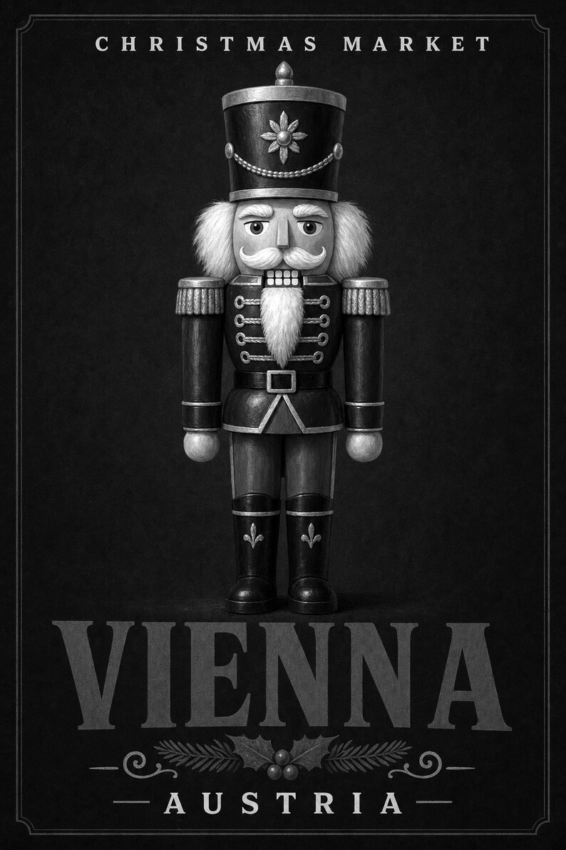 Wiener Weihnachtsmarkt Nussknacker Wandkunst | Österreich Urlaubsposter | Vintage Weihnachtsdruck | Festliches Soldatendekor Bild 10