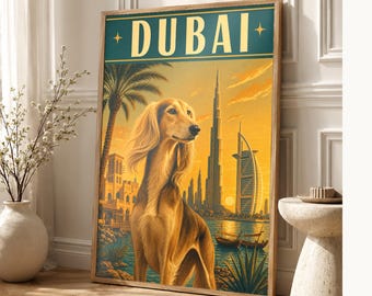 Your Dog in Dubai | Custom Pet Portrait From Photo | Personalized Dog Cat Travel Poster Gift | Vintage Wall Art
