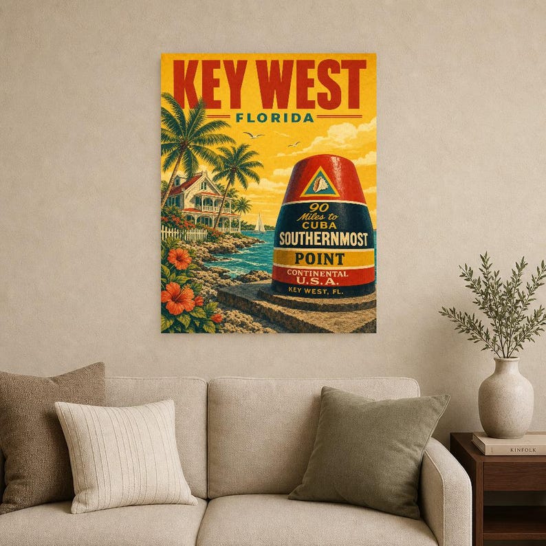 Key West Travel Poster | Vintage Southernmost Point Print | Florida Wall Art Print | Mid Century City Decor image 8