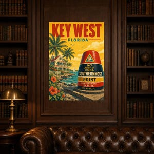 Key West Travel Poster | Vintage Southernmost Point Print | Florida Wall Art Print | Mid Century City Decor image 4