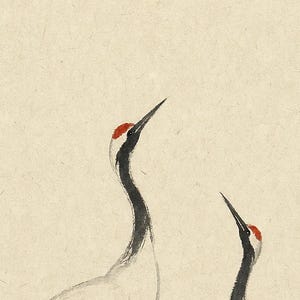 Red Sun Crane Japandi Wall Art Print | Ink Wash Pair in Mist | Wabi Sabi Hallway Poster Print image 3