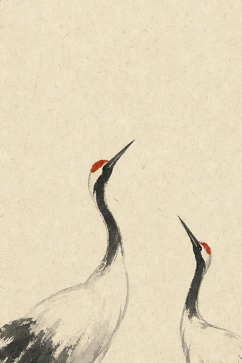 Red Sun Crane Japandi Wall Art Print | Ink Wash Pair in Mist | Wabi Sabi Hallway Poster Print image 3