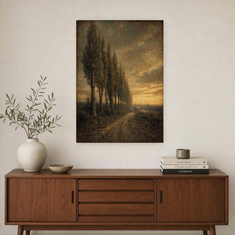 Moody Country Lane Pappelbäume Wandkunstdruck | Vintage Ölgemälde Druck | Golden Horizon Tonalistisches Dekor | Antikes Wegposter Bild 3