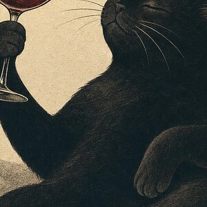 Schwarze Katze Wein Wandkunst | Rotweinglas Poster | Barwagen-Druck | Skurriles Noir Cat Club Küchendekor Bild 3