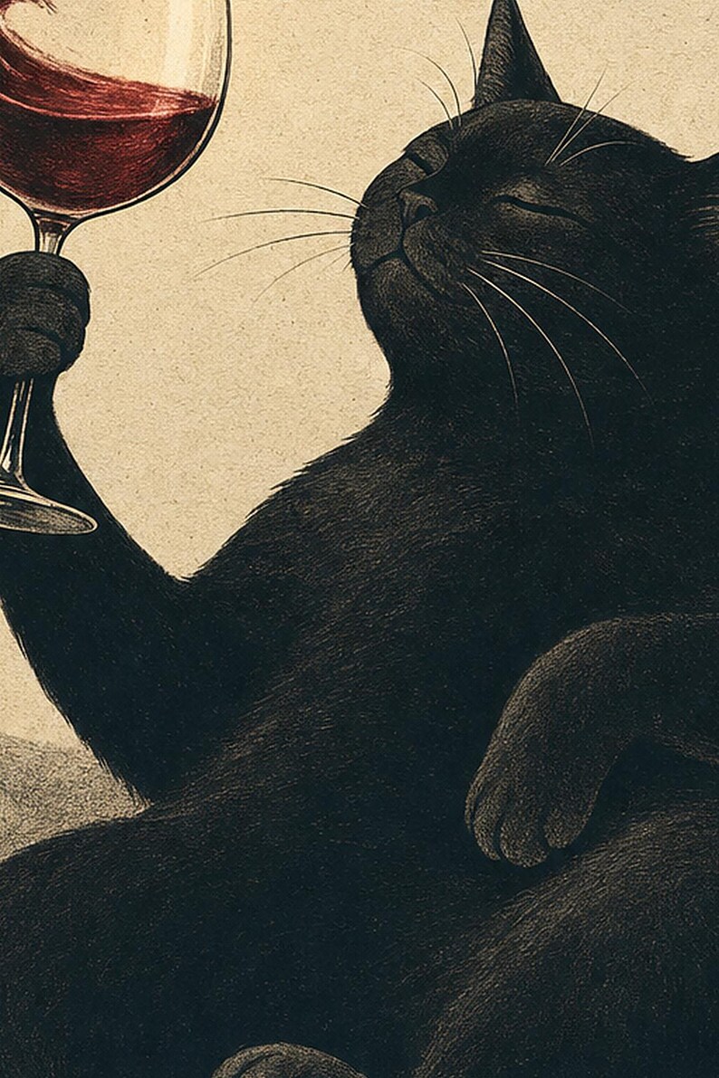 Schwarze Katze Wein Wandkunst | Rotweinglas Poster | Barwagen-Druck | Skurriles Noir Cat Club Küchendekor Bild 3