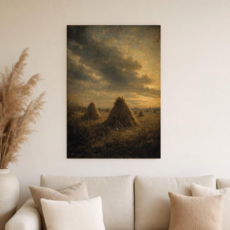 Moody Harvest Field Haystacks Wall Art Print | Vintage Oil Painting Print | Faded Golden Light Tonalist Decor | Antique Farm Poster image 4