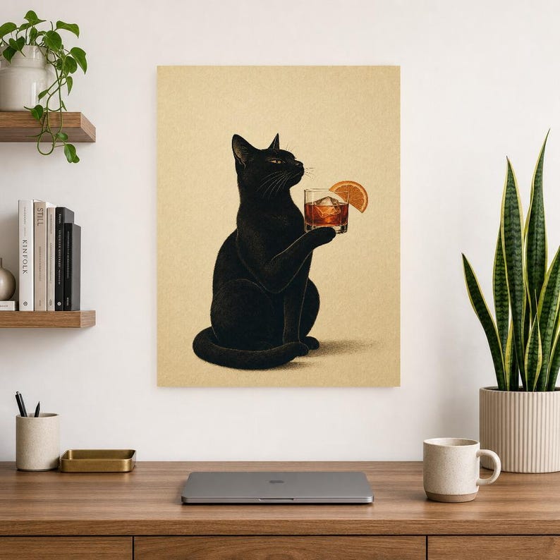 Black Cat Negroni Wall Art Print | Orange Slice Cocktail Poster | Bar Cart Print | Funny Black Cat Club Decor image 8