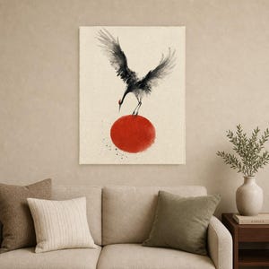 Impresión de grúa de sol rojo Arte de pared japonés | Pájaro de tinta descendente | Decoración del cartel Zen Wabi Sabi imagen 9