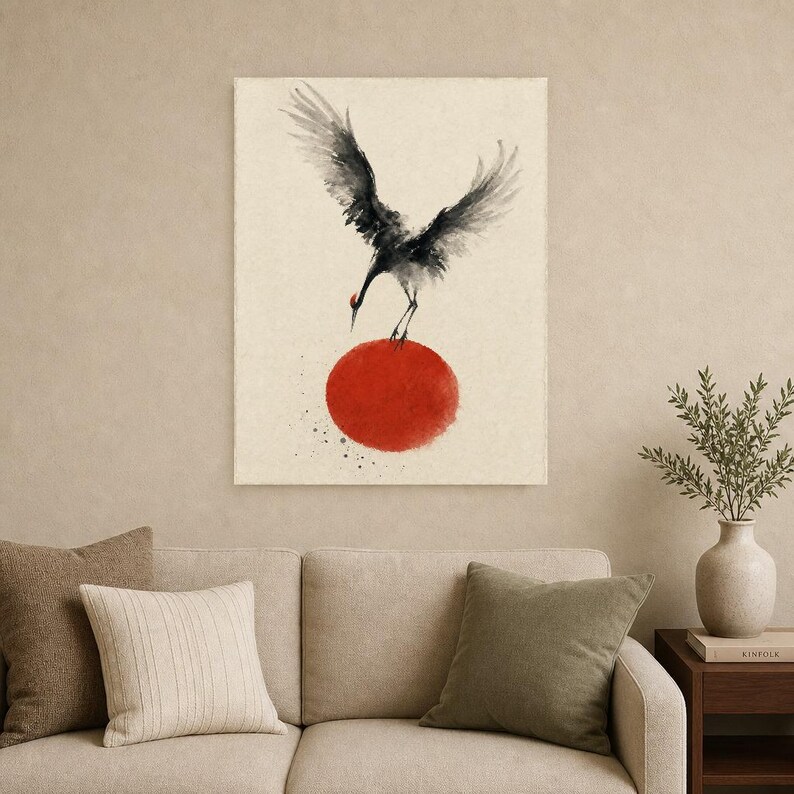 Impresión de grúa de sol rojo Arte de pared japonés | Pájaro de tinta descendente | Decoración del cartel Zen Wabi Sabi imagen 9