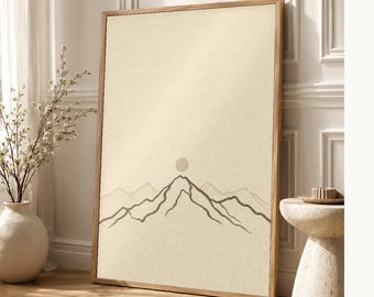 Neutral Gallery Wall Set Japandi Wall Art Print | Sand Beige Mountain Line | Wabi Sabi Minimal Print