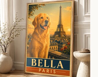 Your Dog or Cat as a Custom Portrait From Photo | Personalized Pet Travel Poster Wall Art | Dog Cat Memorial Gift