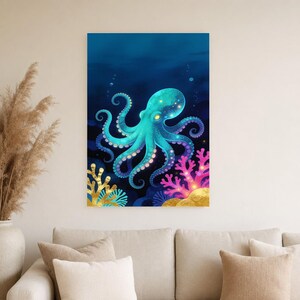 Bioluminescent Octopus Poster | Deep Sea Ocean Bathroom Wall Art Print | Dark Coastal Night Print image 5